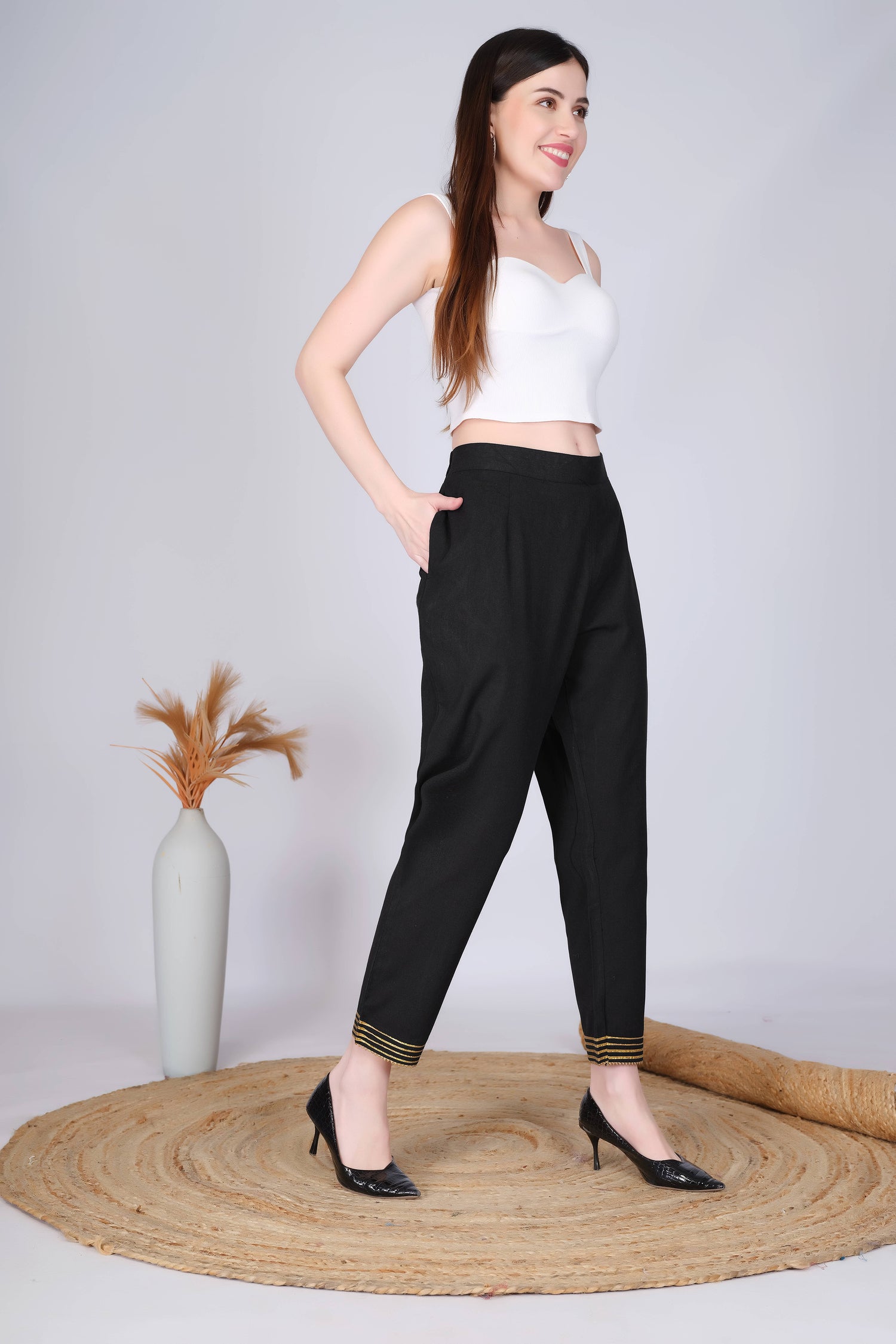 Black Slim Fit Cotton Pants With Gold Lace Hem