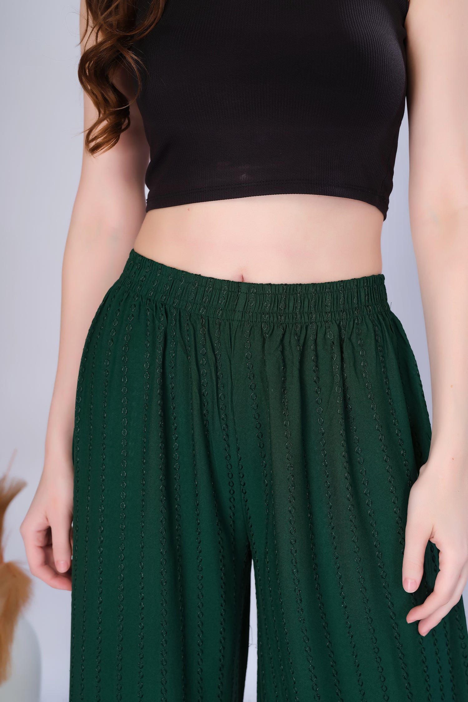 Flared Bottle Green (Embroidered) Palazzo Pant