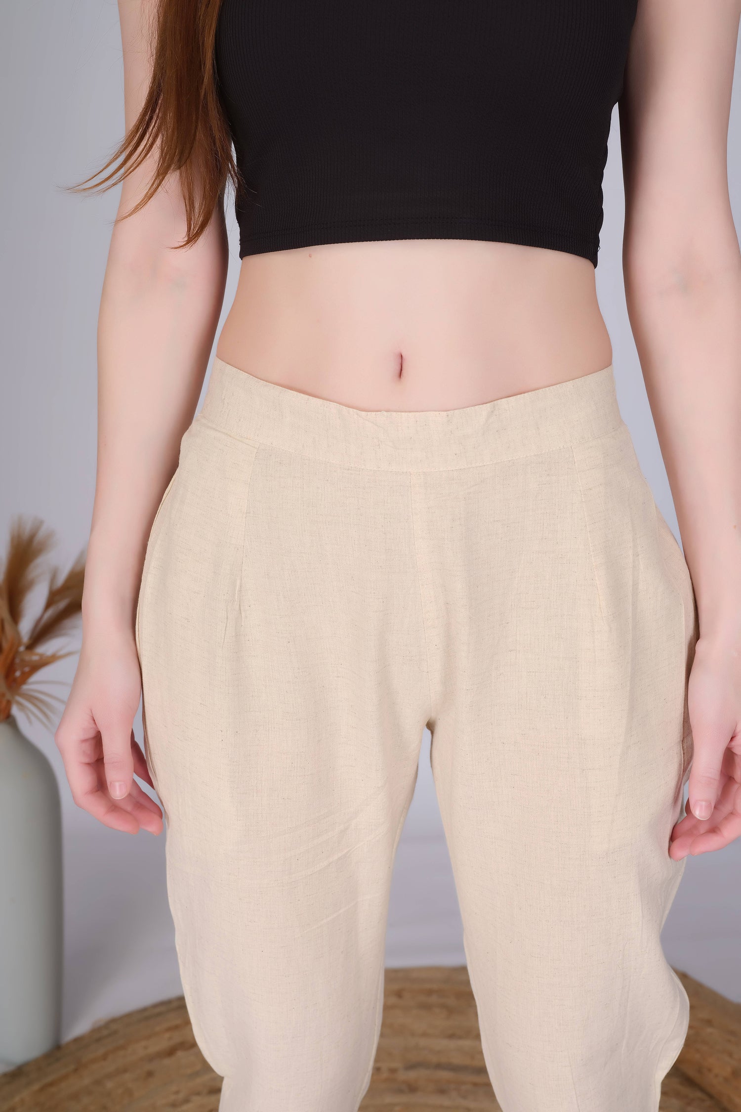 Beige Slim Fit Cotton Pants With Gold Lace Hem