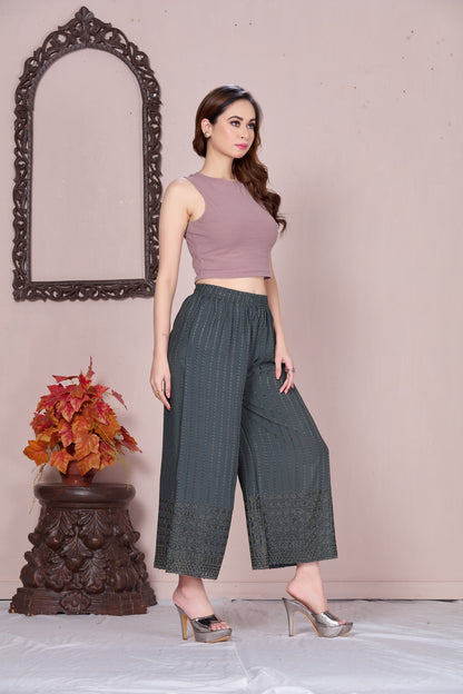 Flared Dark Grey Chikan (Embroidered) Palazzo Pant