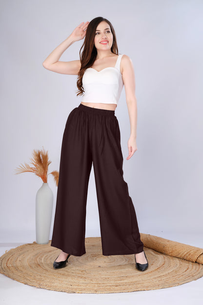 Flared Brown Palazzo Pants With Pocket