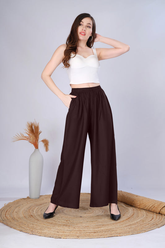 Flared Brown Palazzo Pants With Pocket