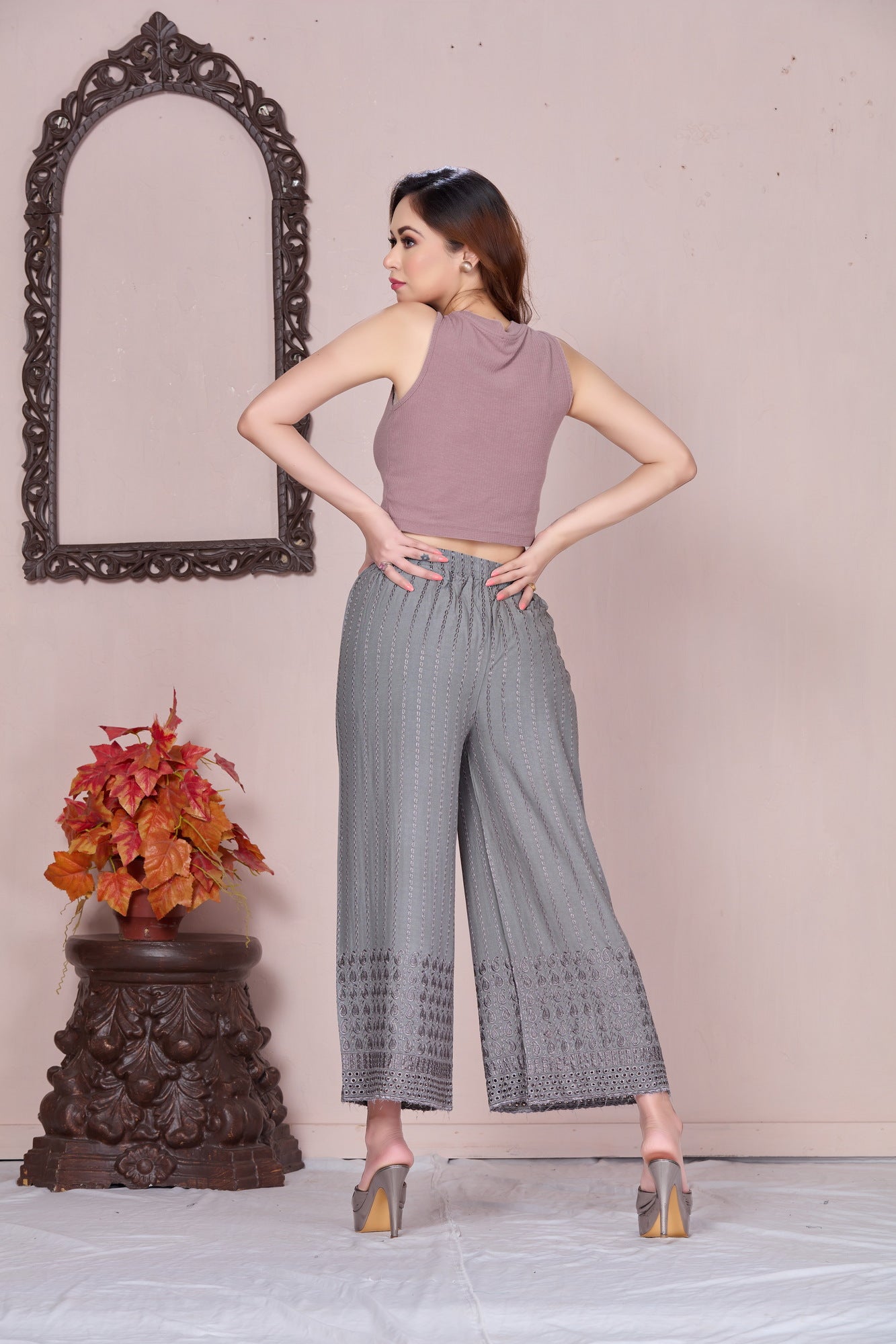 Flared Grey Chikan (Embroidered) Palazzo Pant