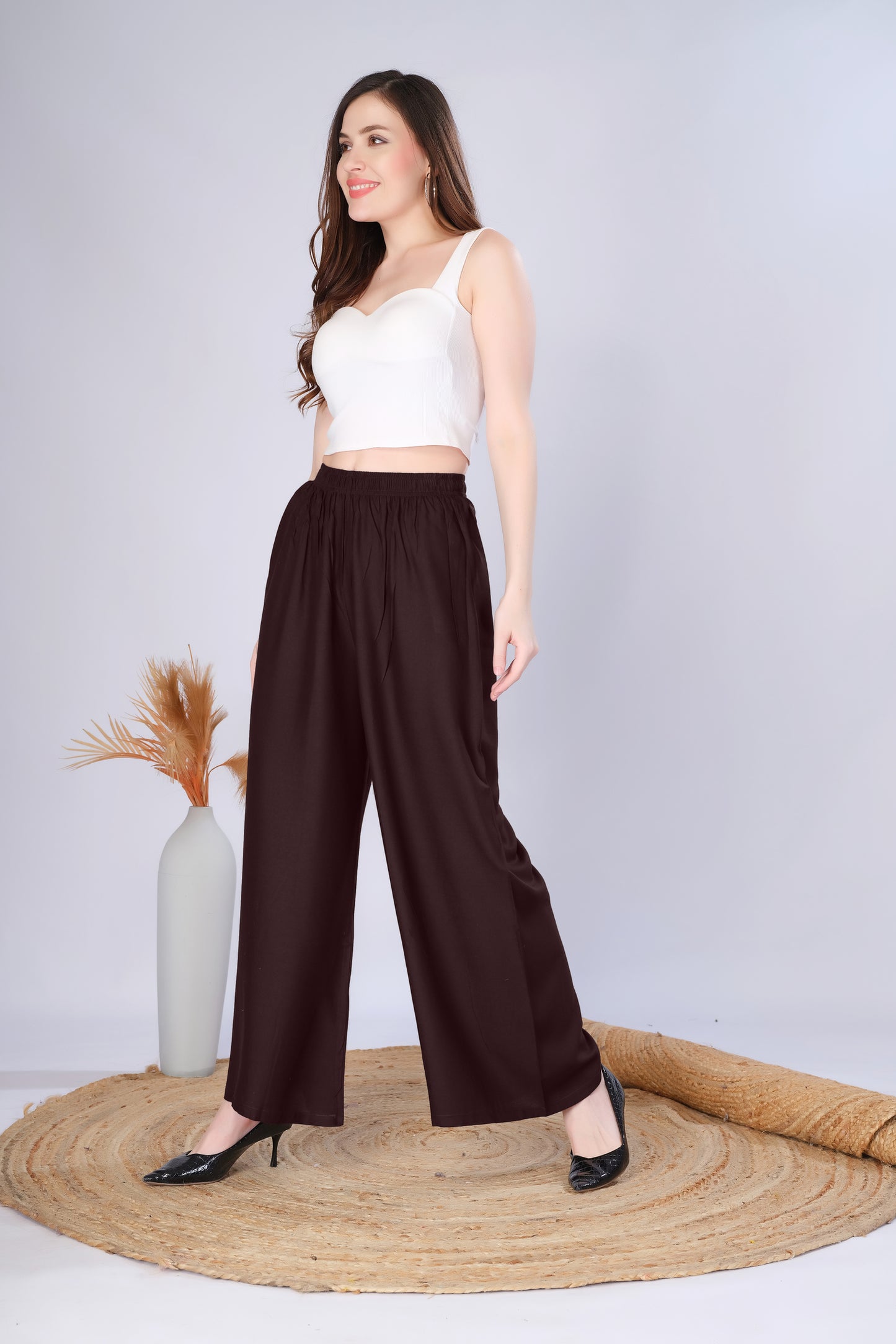 Flared Brown Palazzo Pants With Pocket