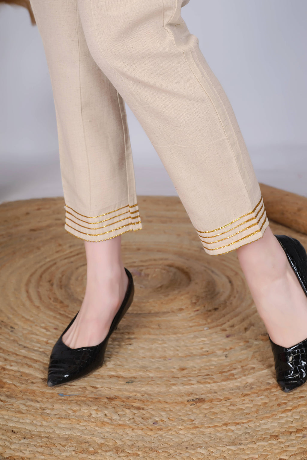 Beige Slim Fit Cotton Pants With Gold Lace Hem