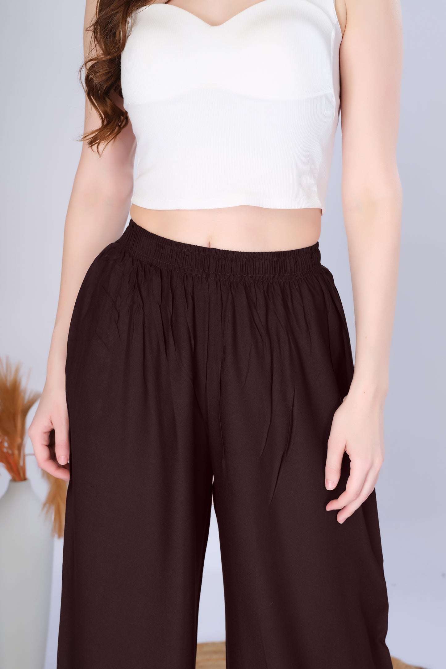Flared Brown Palazzo Pants With Pocket