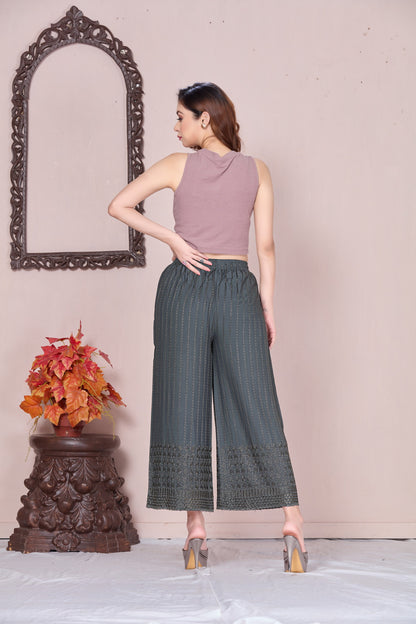 Flared Dark Grey Chikan (Embroidered) Palazzo Pant