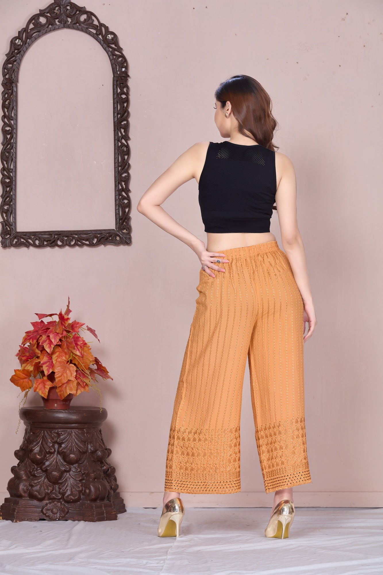 Flared Dark Beige Chikan (Embroidered) Palazzo Pant