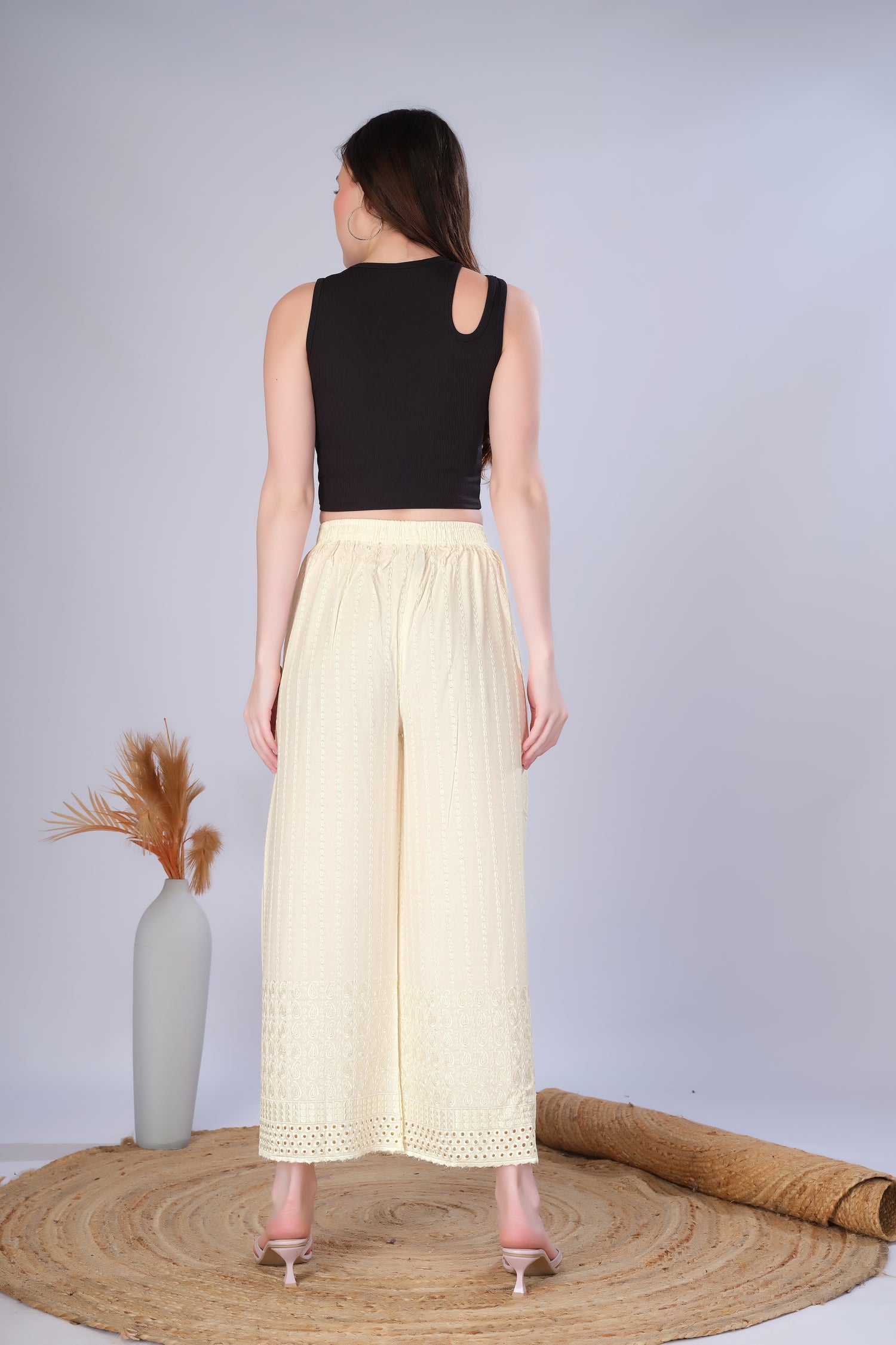 Flared Cream (Embroidered) Palazzo Pant