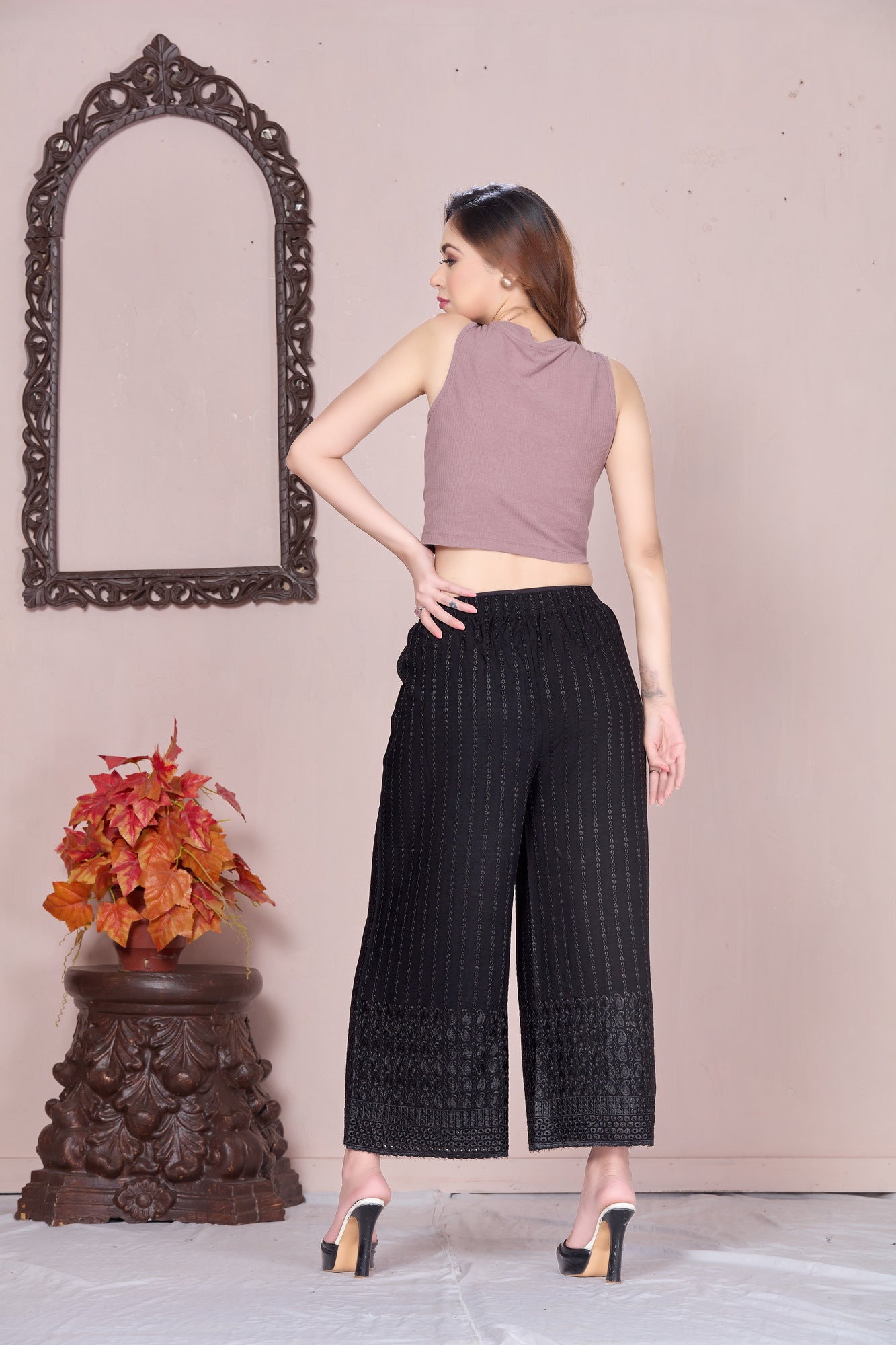 Flared Black Chikan (Embroidered) Palazzo Pant