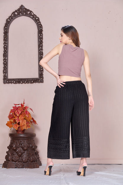 Flared Black Chikan (Embroidered) Palazzo Pant