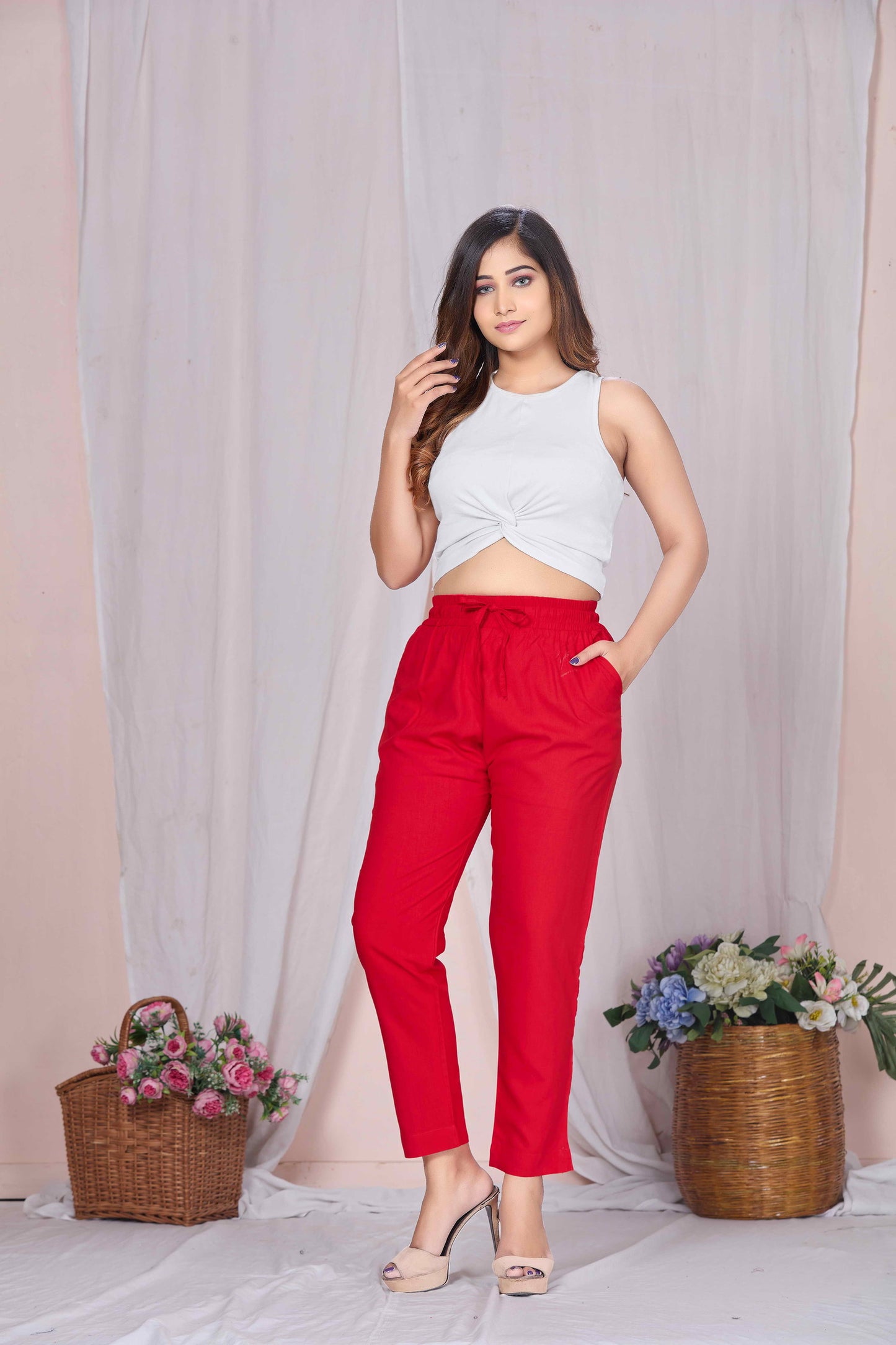 Plus Size Slim Fit Mid-Rise Red Narrow Pant