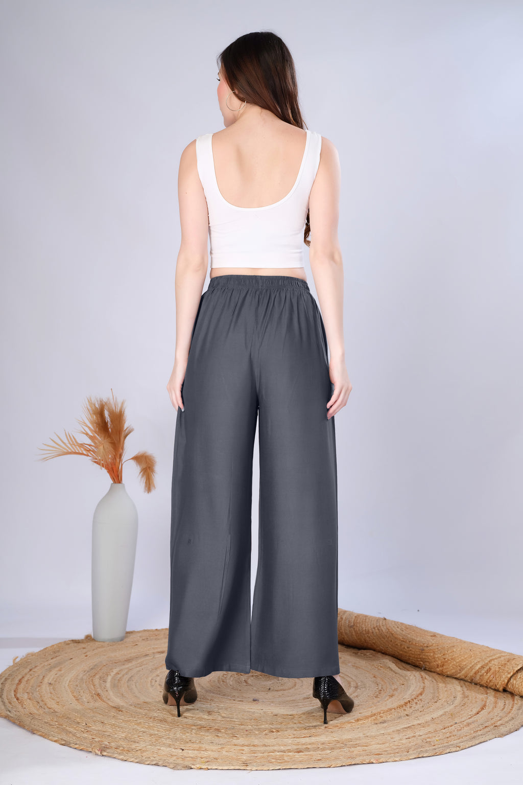Flared Dark Grey Palazzo Pants With Pocket