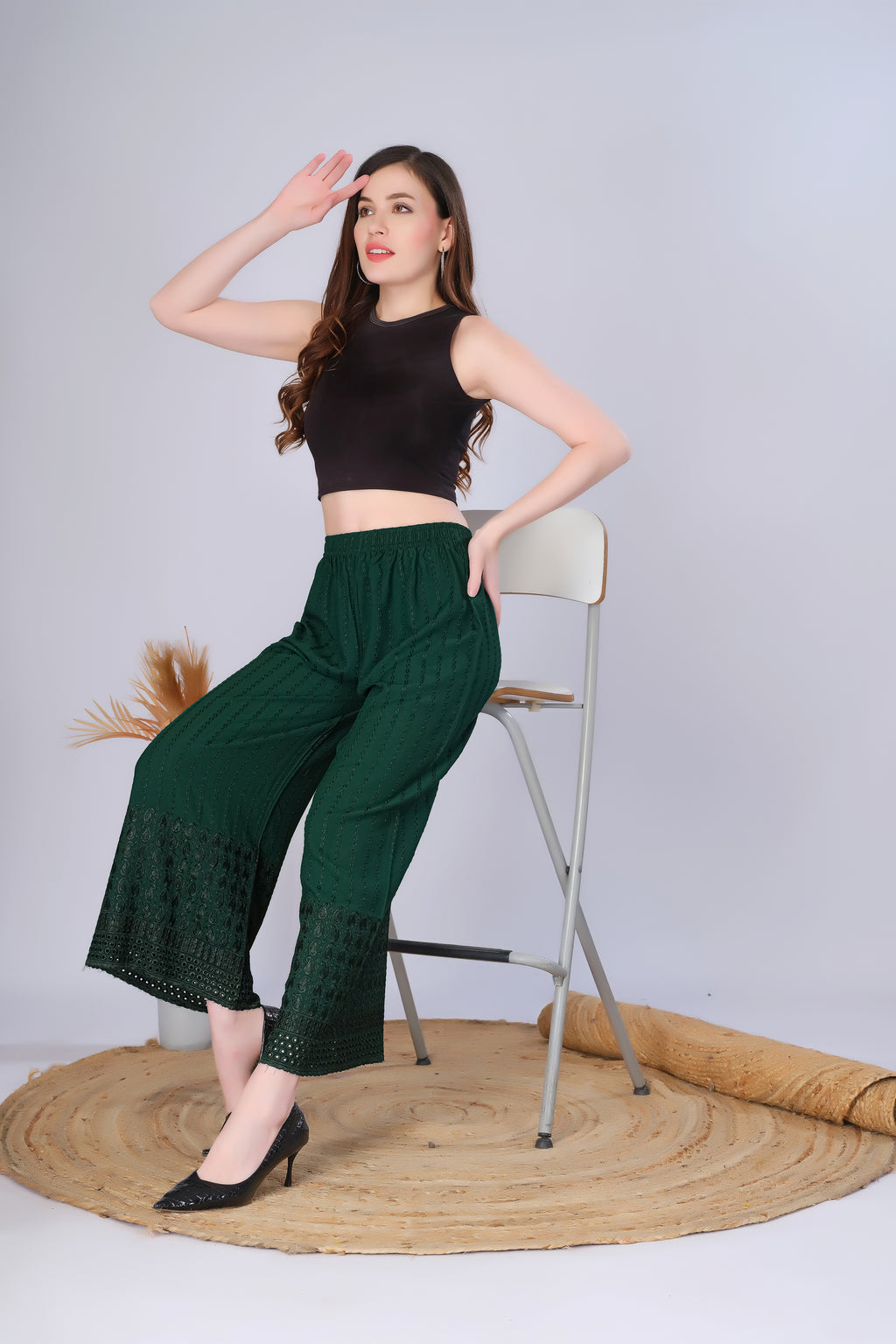 Flared Bottle Green (Embroidered) Palazzo Pant