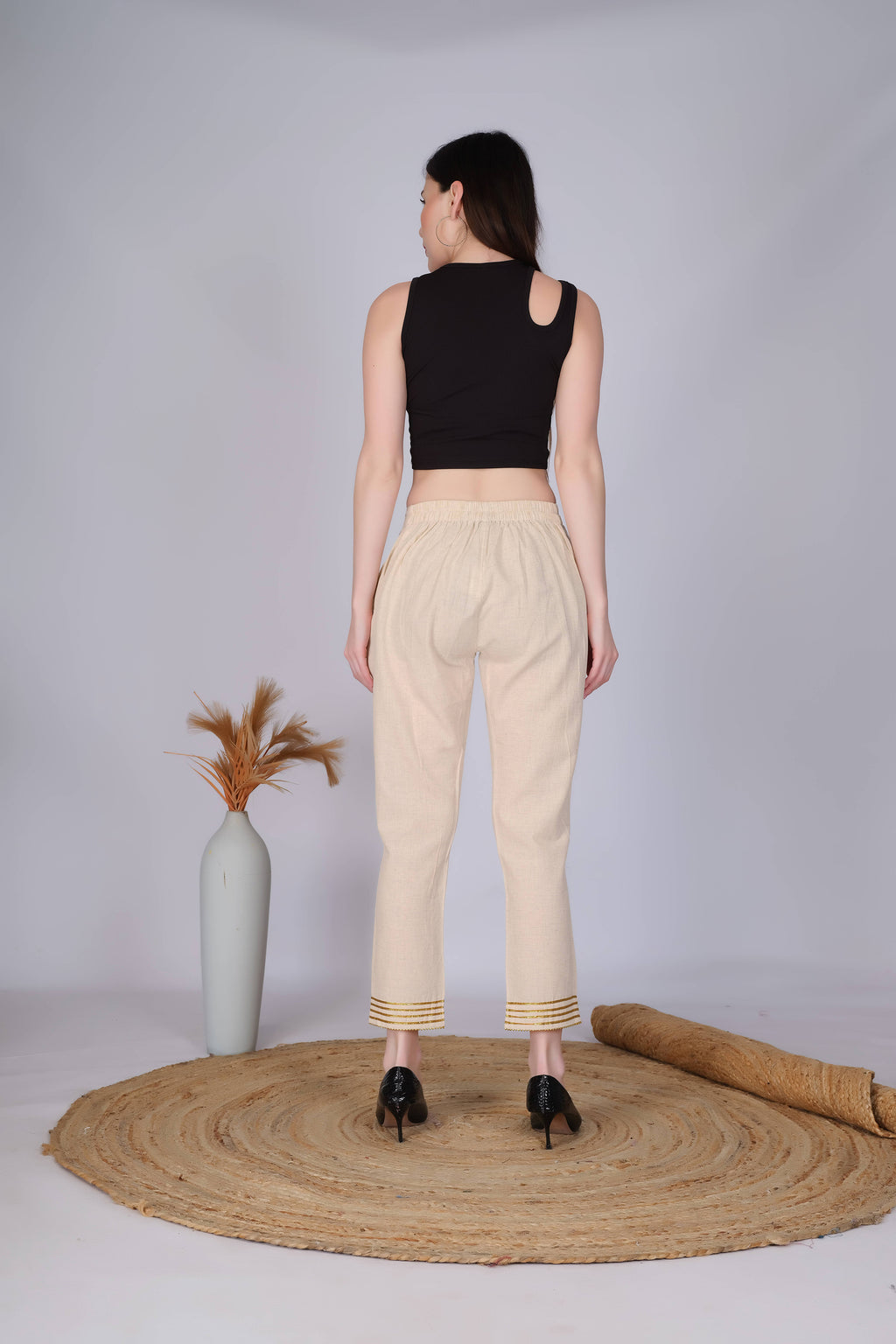 Beige Slim Fit Cotton Pants With Gold Lace Hem