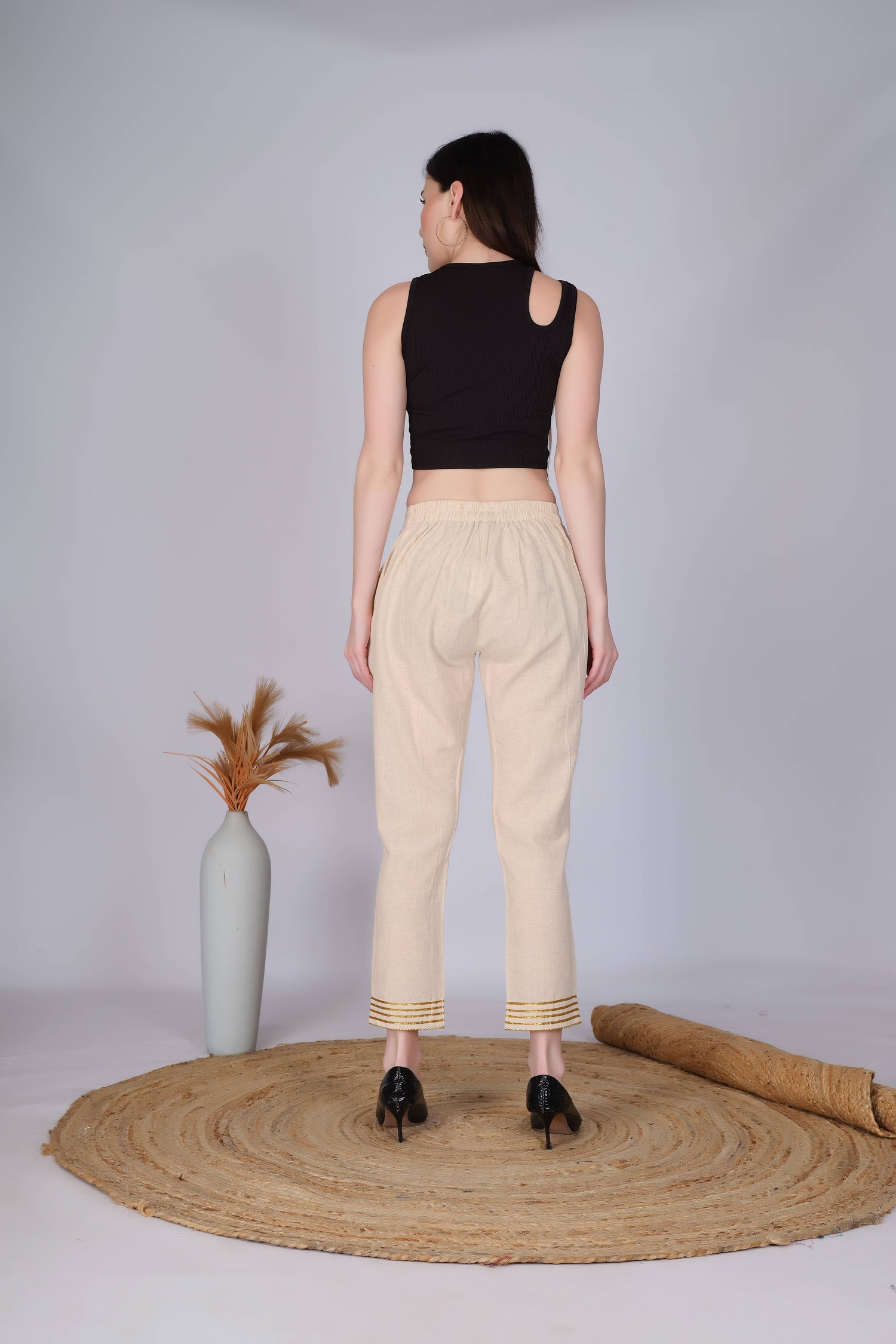 Beige Slim Fit Cotton Pants With Gold Lace Hem