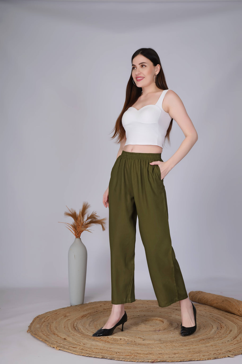 Mehndi Green Straight Palazzo Pants