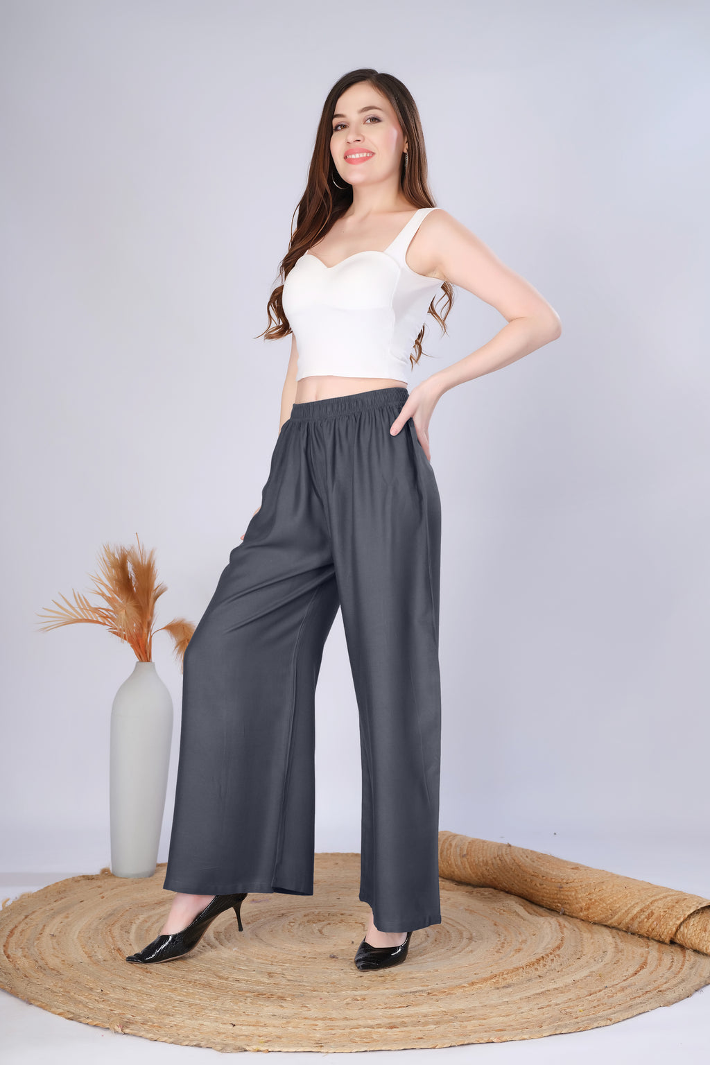 Flared Dark Grey Palazzo Pants With Pocket