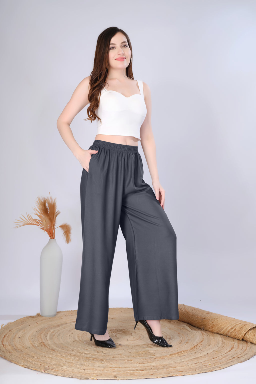 Flared Dark Grey Palazzo Pants With Pocket