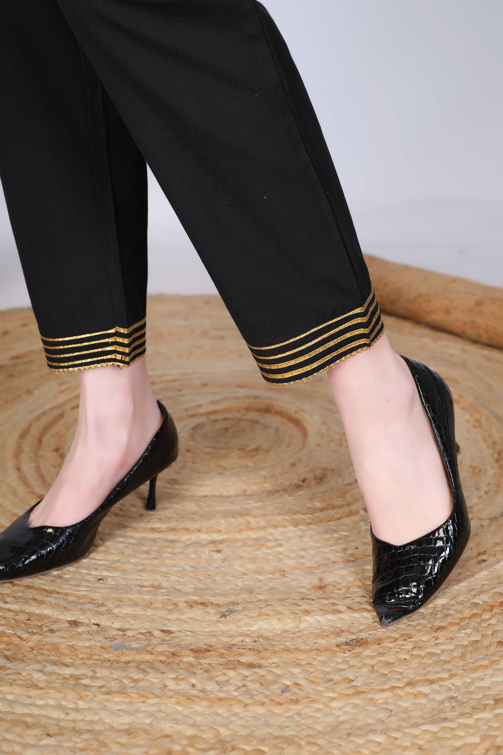Black Slim Fit Cotton Pants With Gold Lace Hem