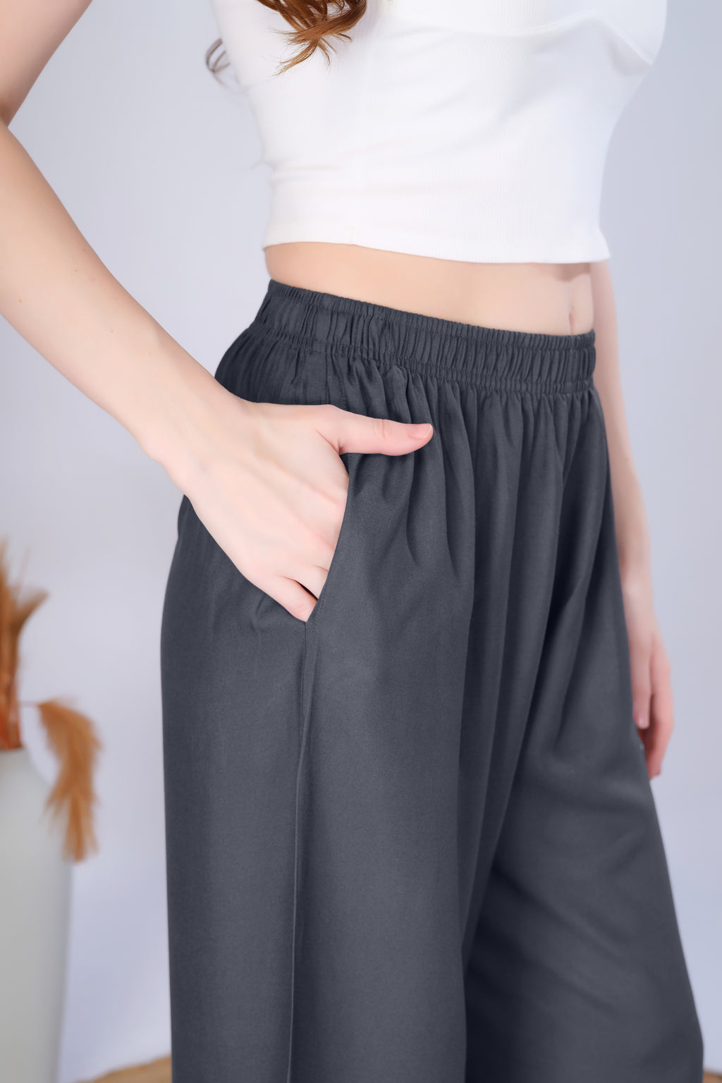 Flared Dark Grey Palazzo Pants With Pocket