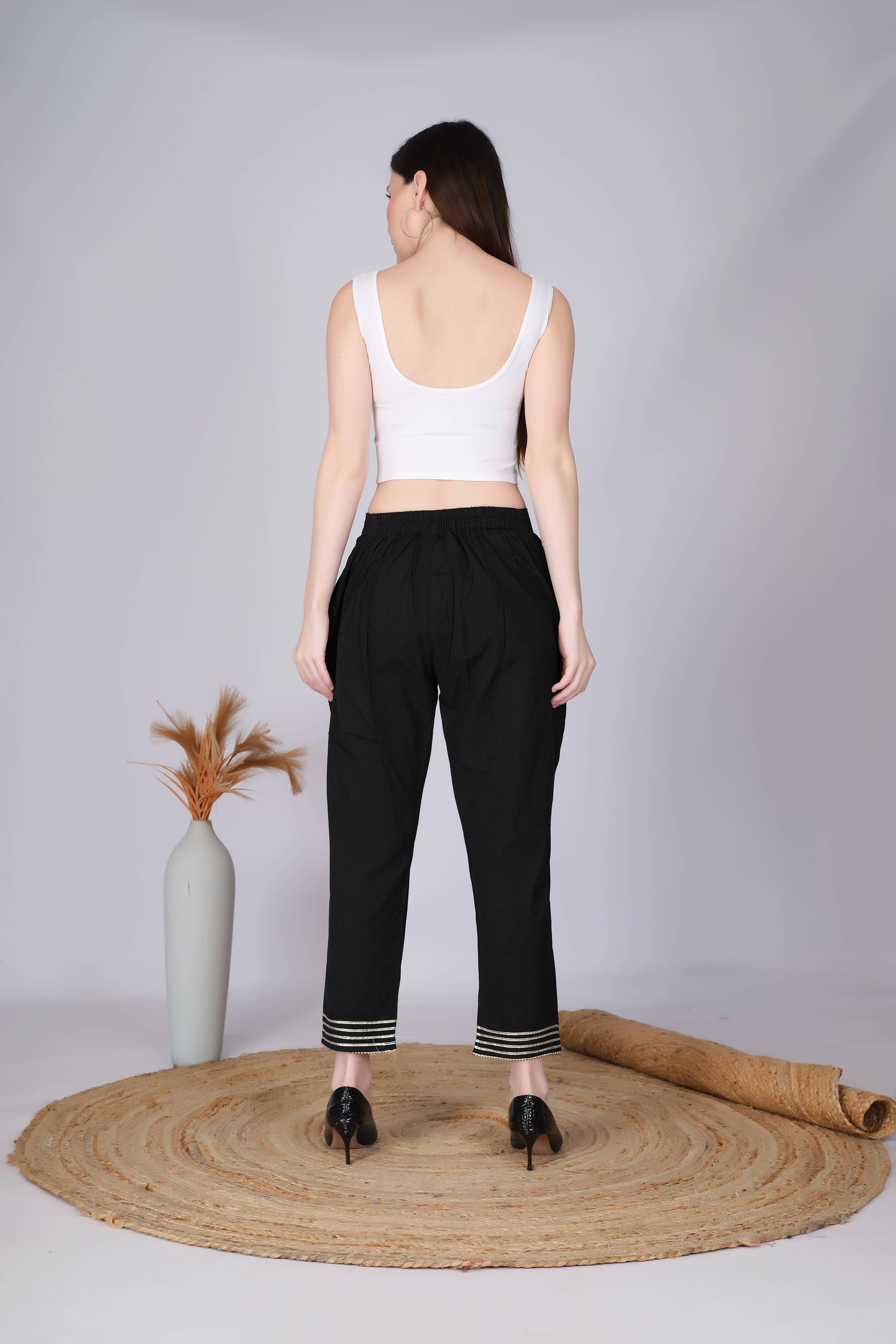 Black Slim Fit Cotton Pants With Silver Lace Hem