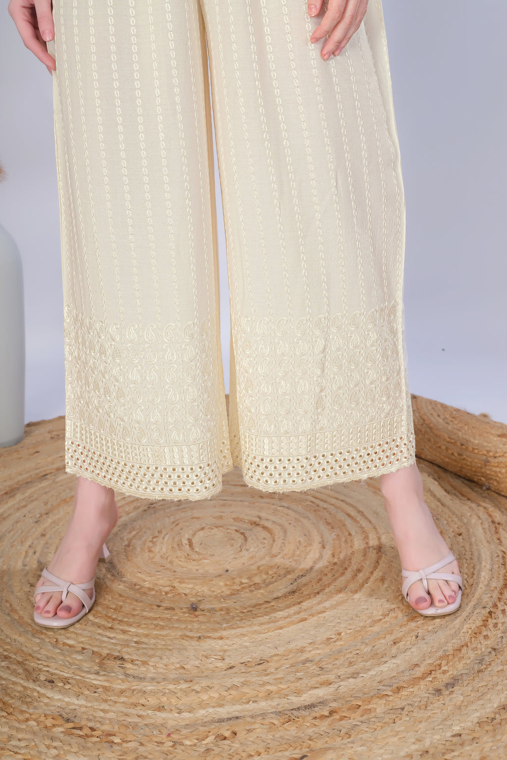 Flared Cream (Embroidered) Palazzo Pant
