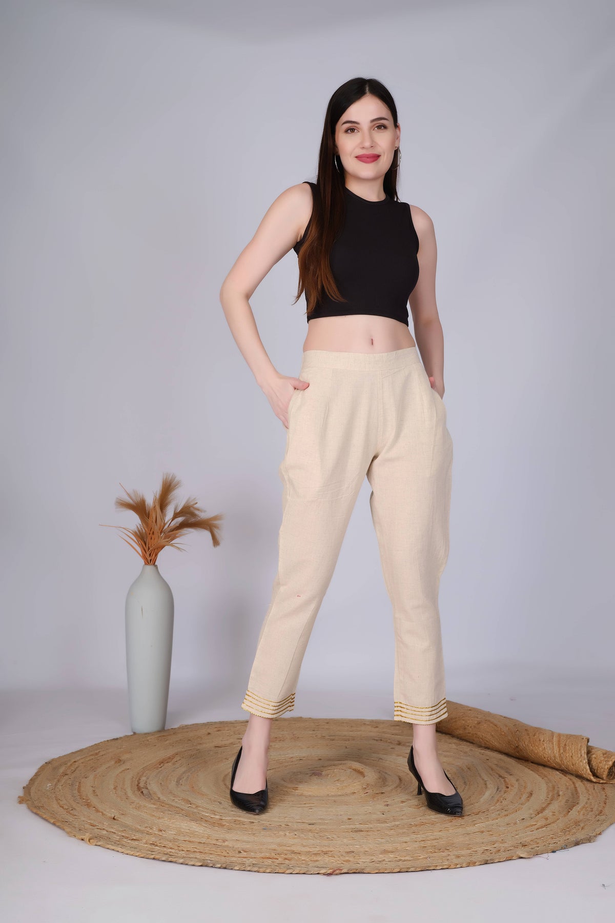 Beige Slim Fit Cotton Pants With Gold Lace Hem