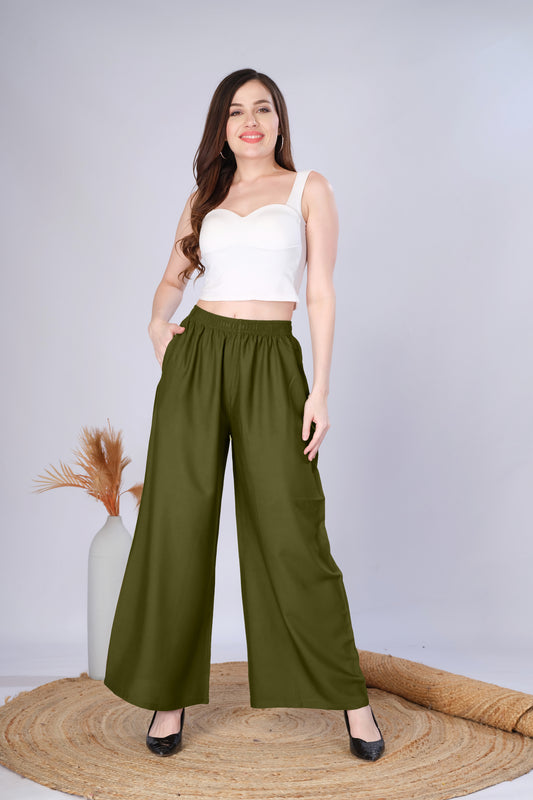 Flared Mehndi Green Palazzo Pants With Pocket