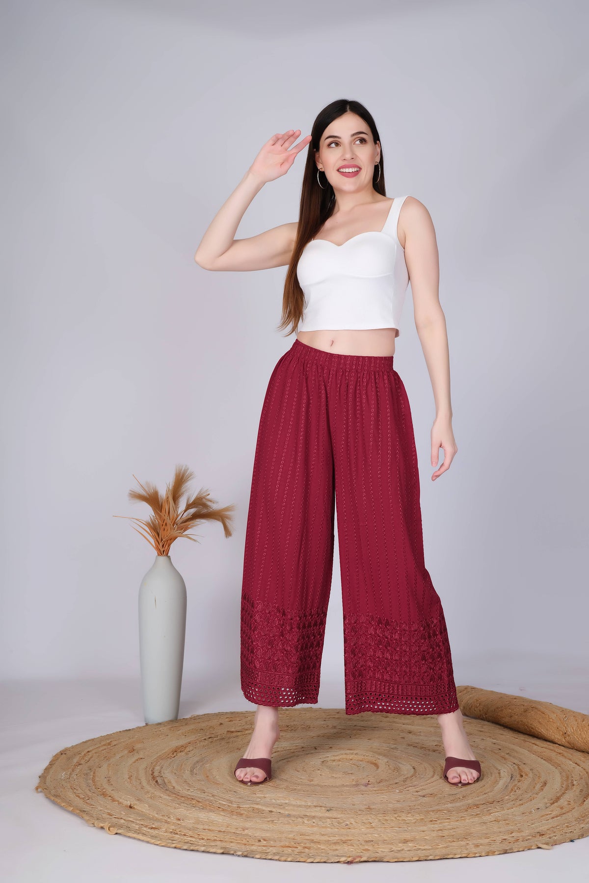 Maroon (Embroidered) Palazzo Pant