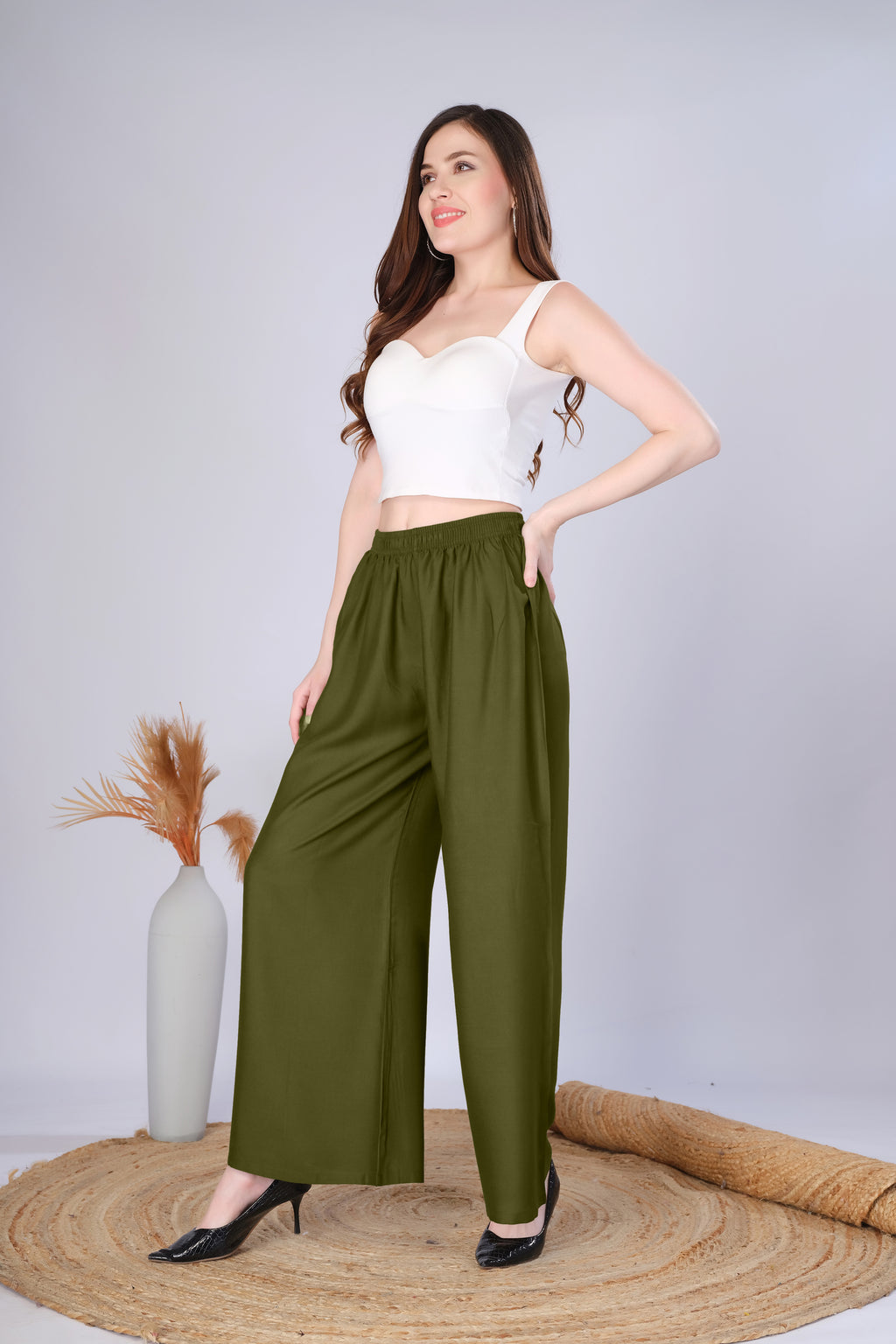 Flared Mehndi Green Palazzo Pants With Pocket