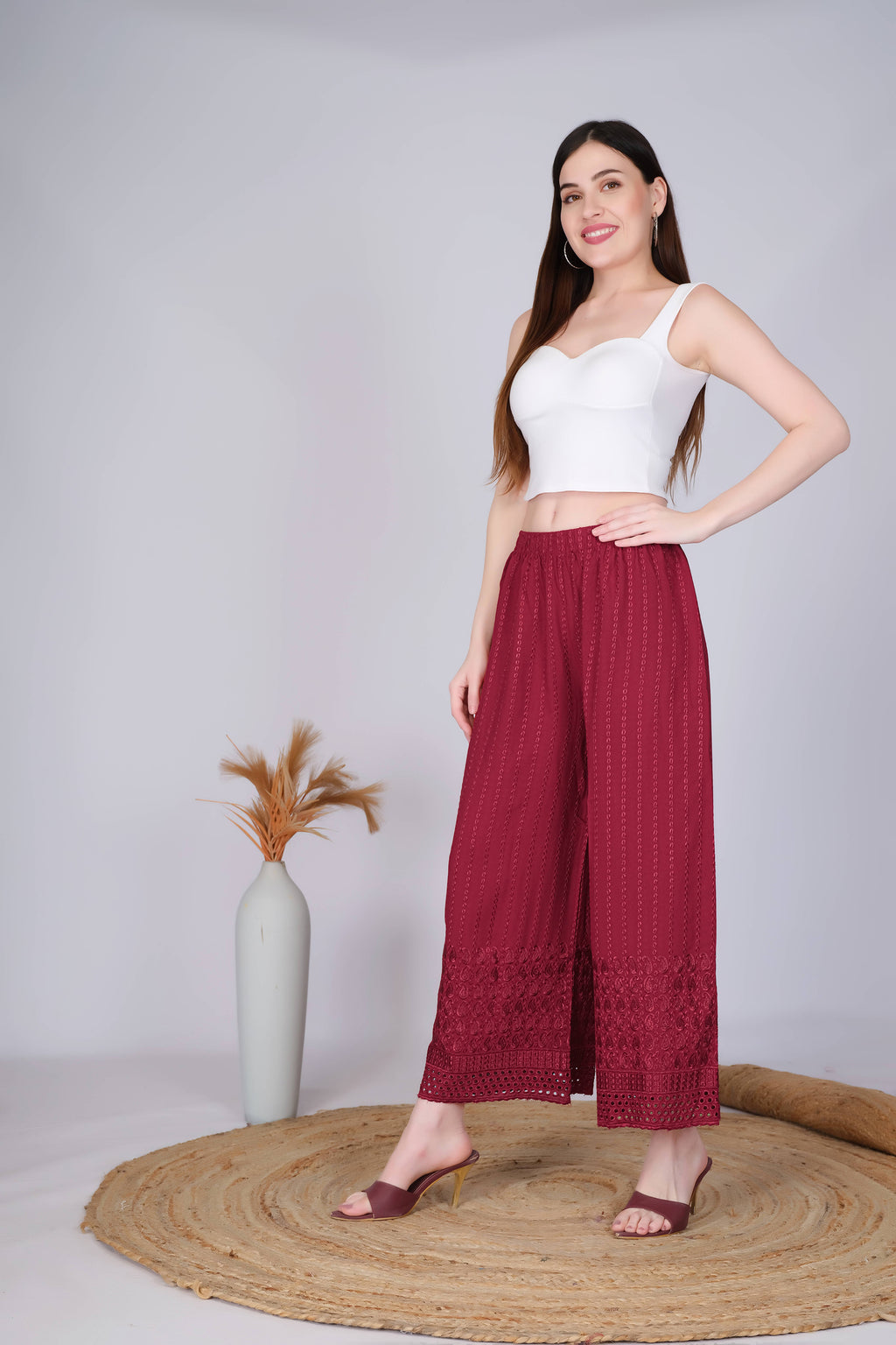 Maroon (Embroidered) Palazzo Pant