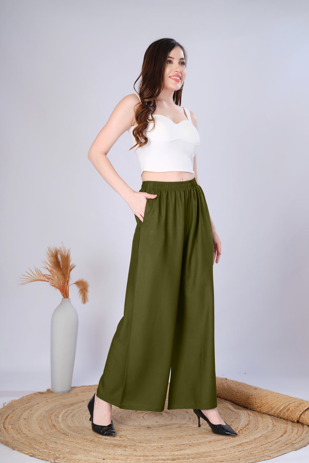 Flared Mehndi Green Palazzo Pants With Pocket