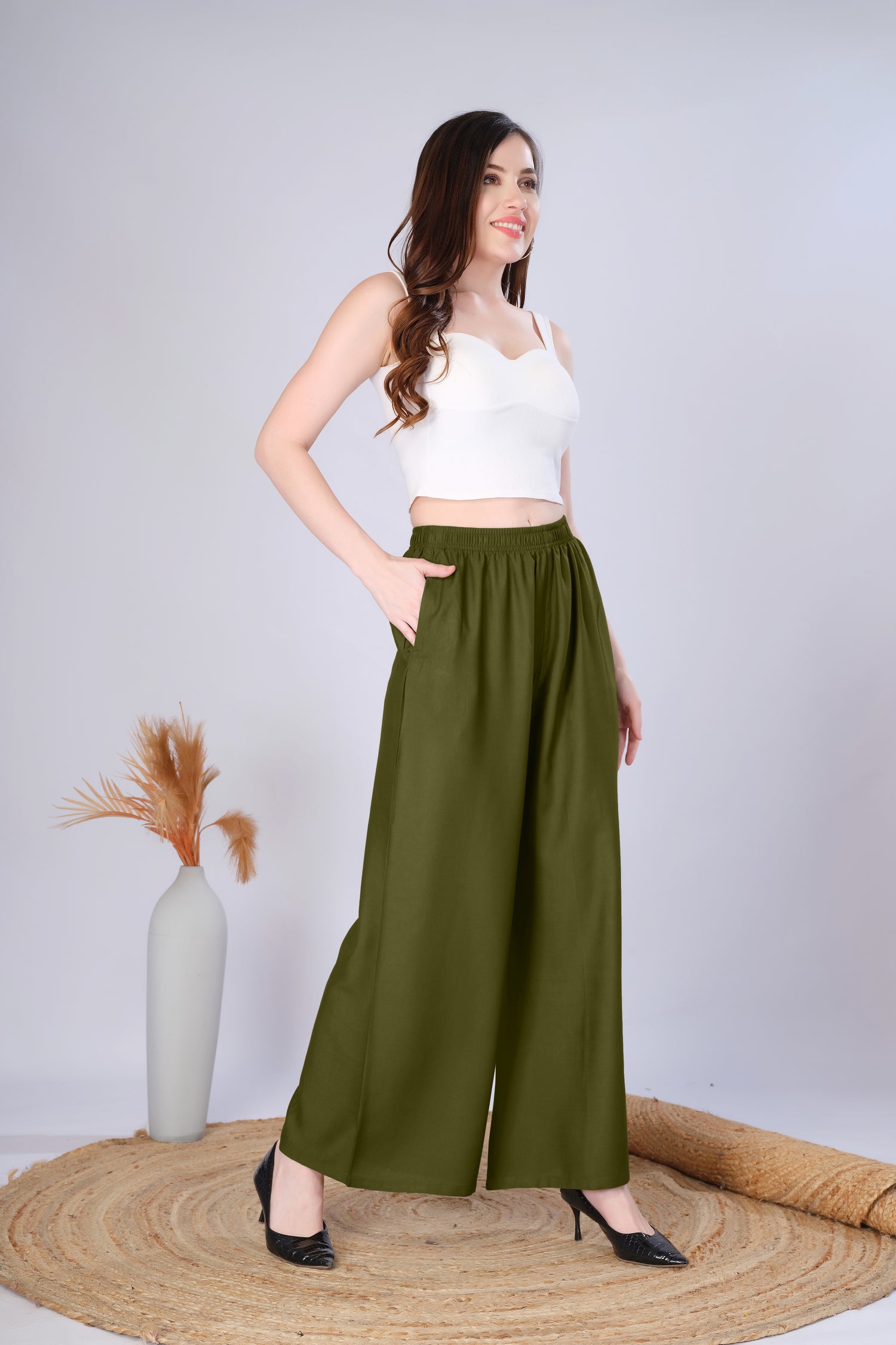 Flared Mehndi Green Palazzo Pants With Pocket