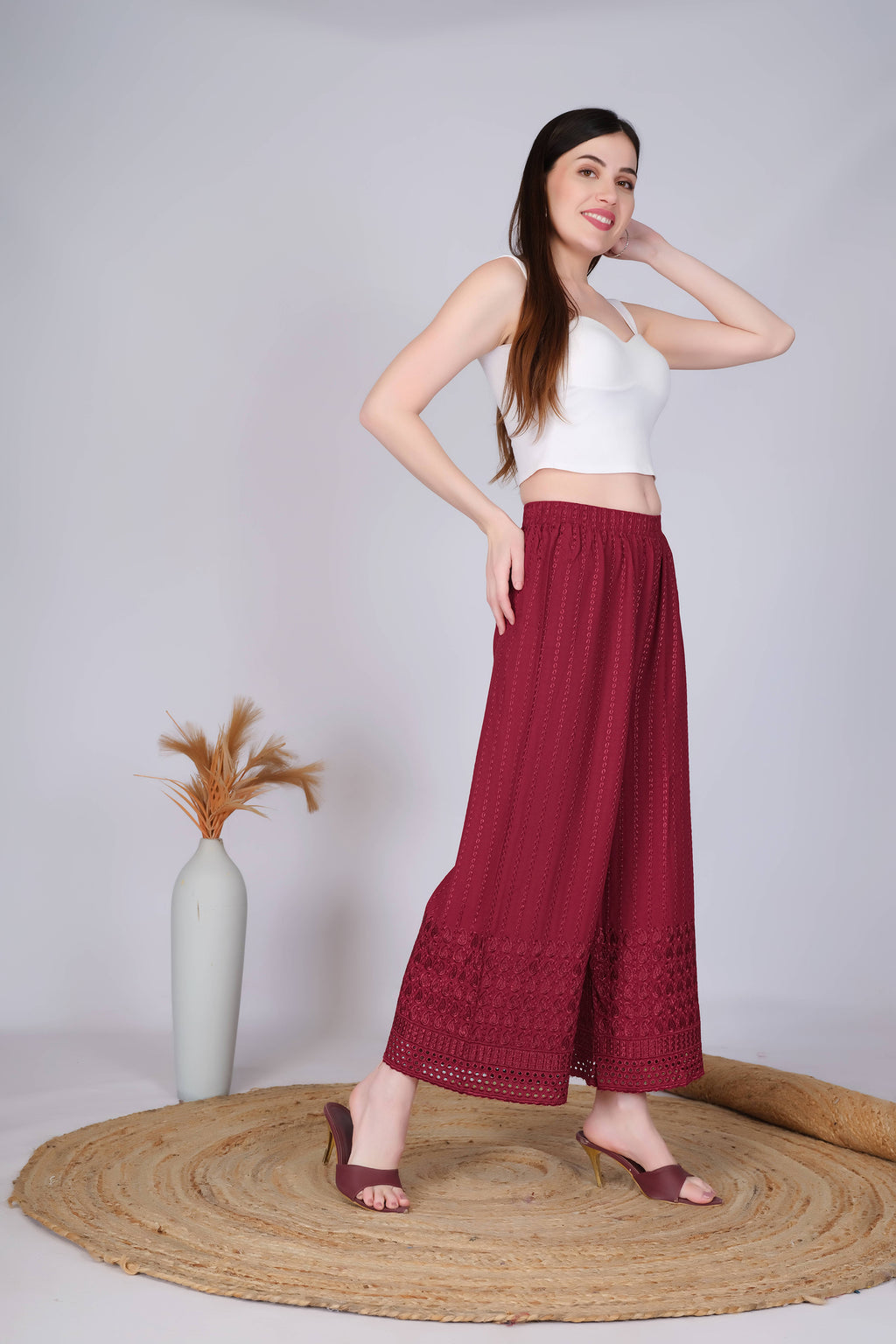 Maroon (Embroidered) Palazzo Pant