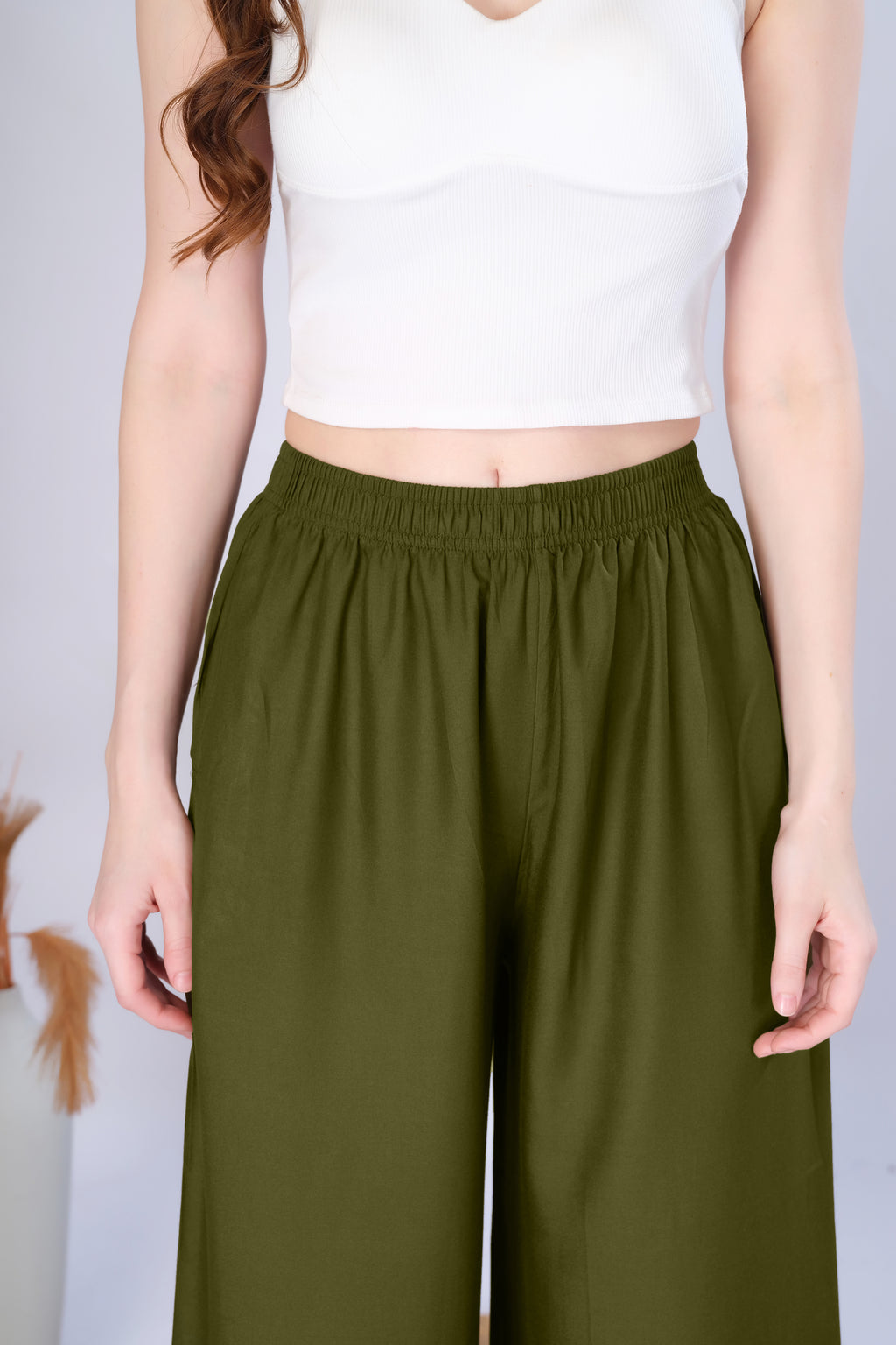 Flared Mehndi Green Palazzo Pants With Pocket