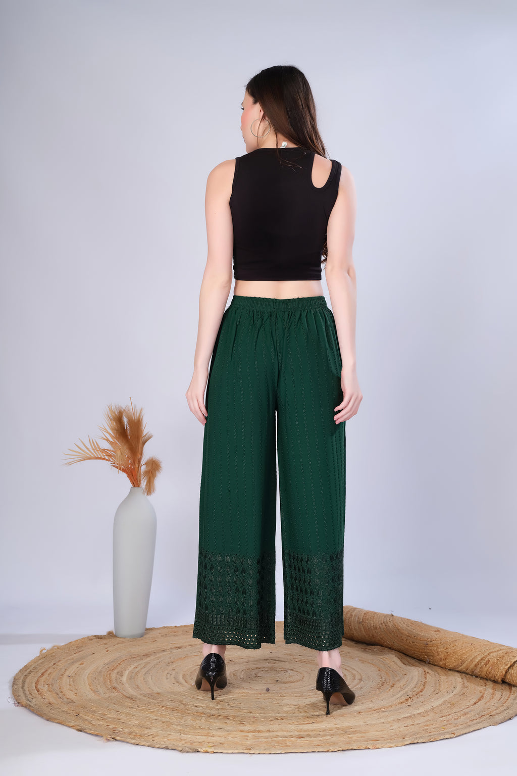 Flared Bottle Green (Embroidered) Palazzo Pant
