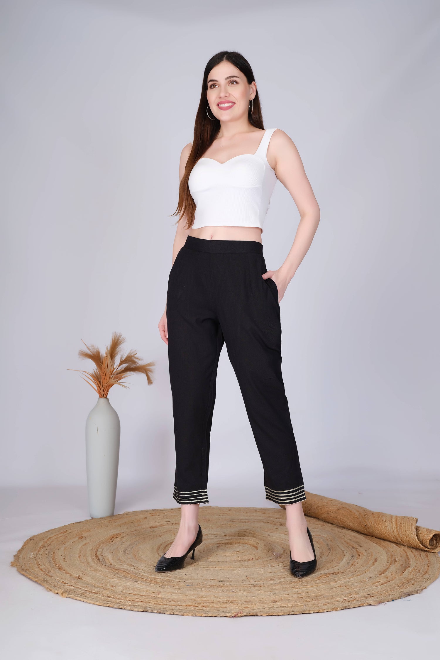 Black Slim Fit Cotton Pants With Silver Lace Hem