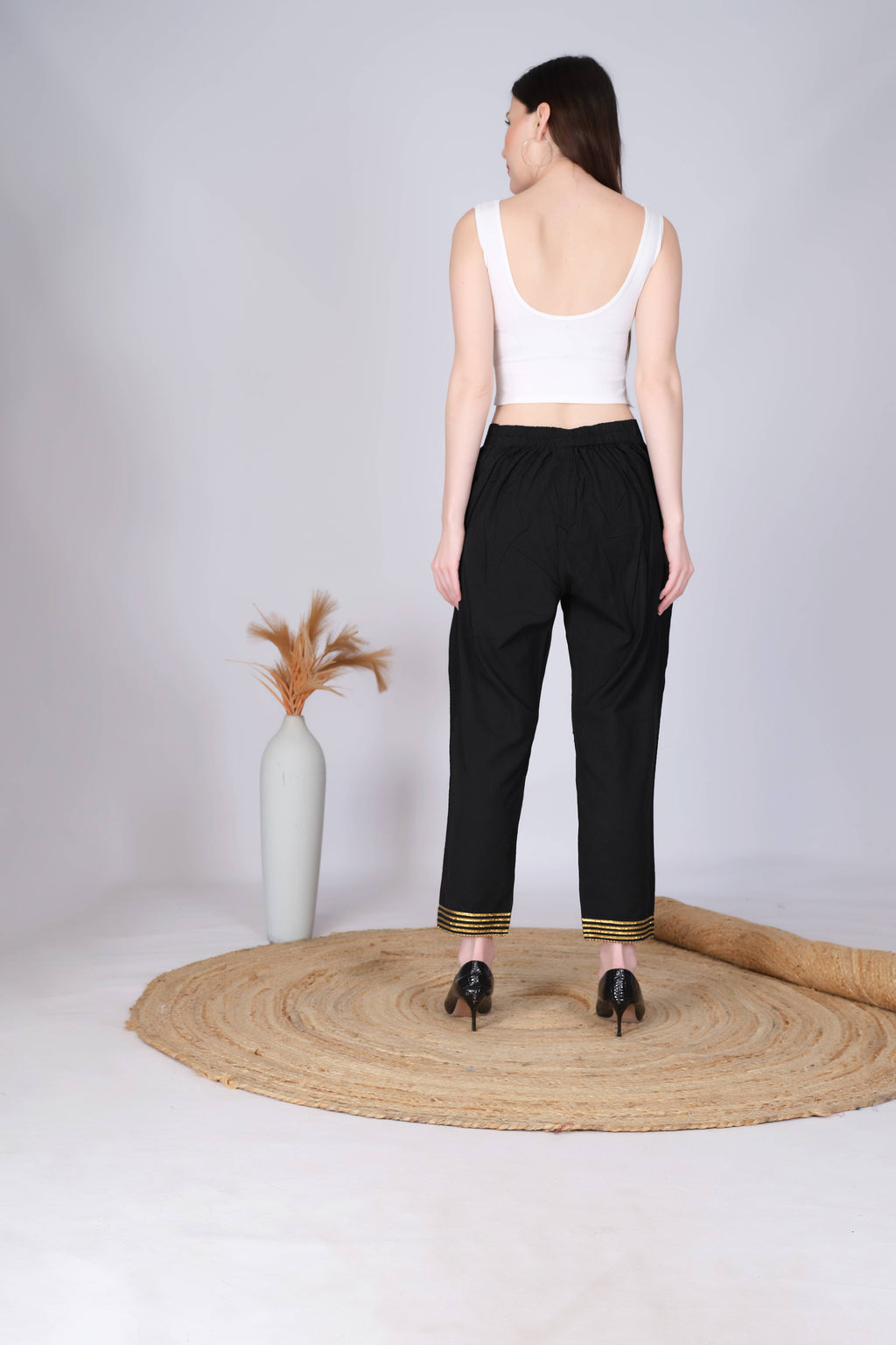 Black Slim Fit Cotton Pants With Gold Lace Hem