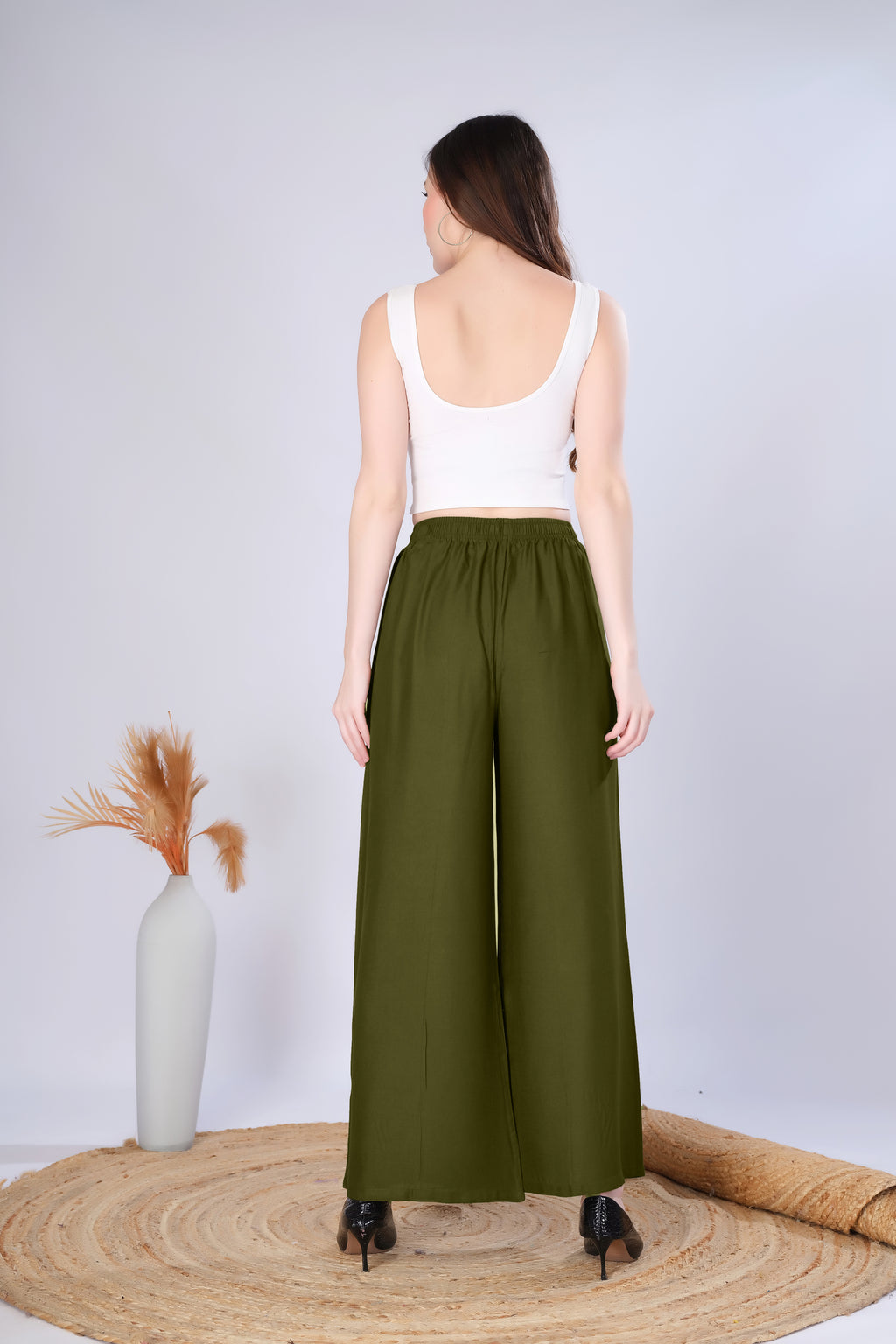 Flared Mehndi Green Palazzo Pants With Pocket