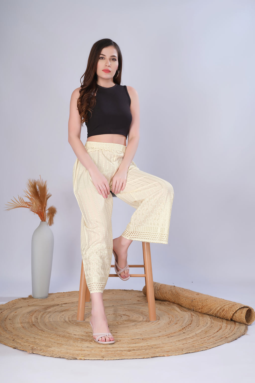 Flared Cream (Embroidered) Palazzo Pant