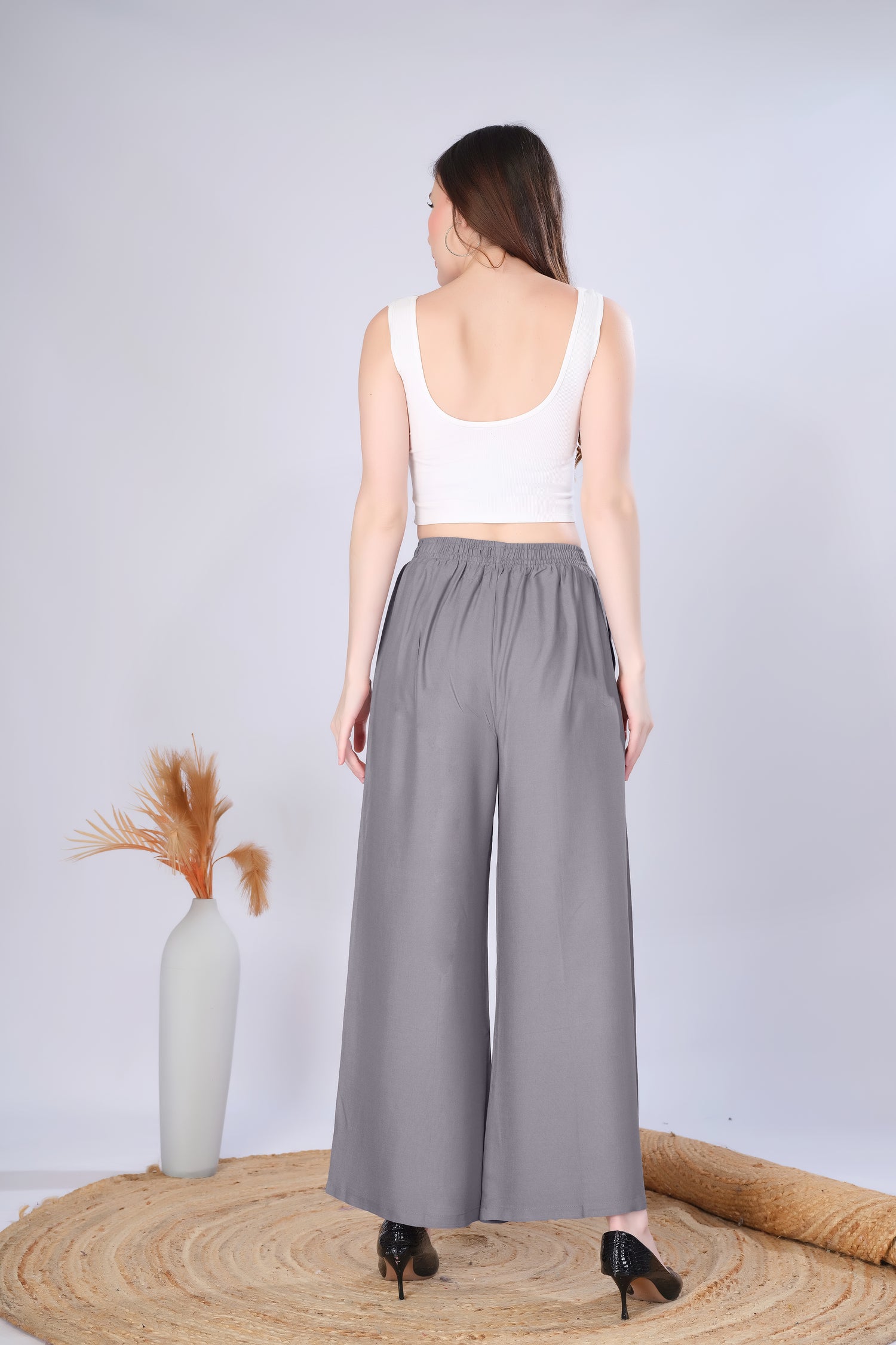 Flared Grey Palazzo Pants With Pocket