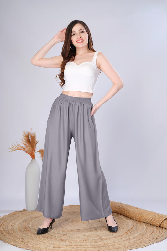 Flared Grey Palazzo Pants With Pocket
