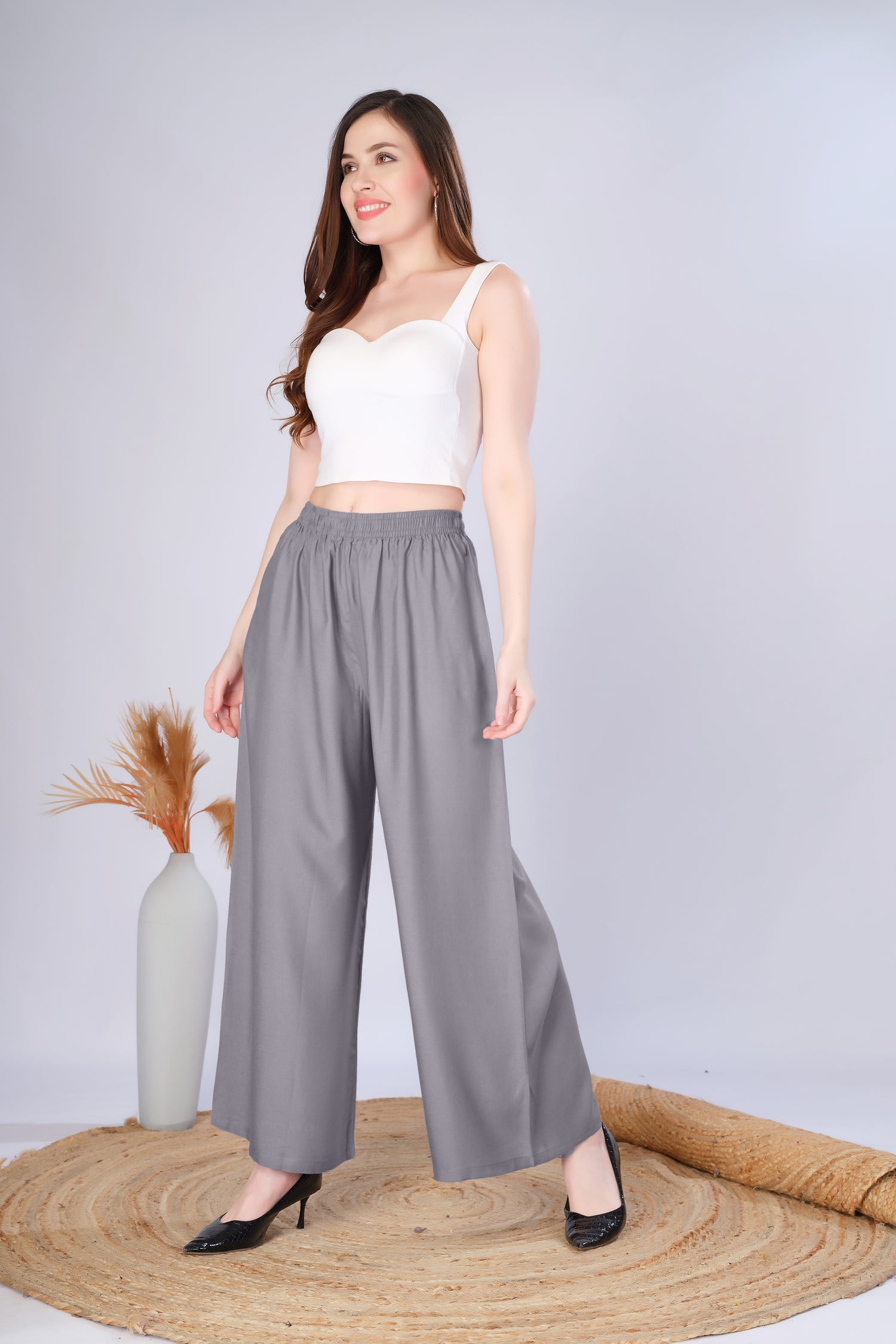 Flared Grey Palazzo Pants With Pocket