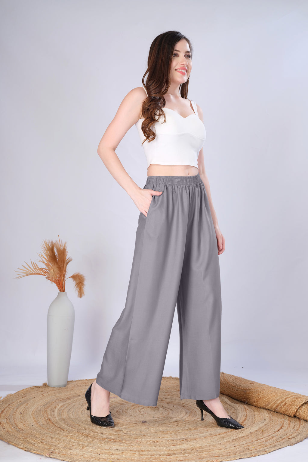 Flared Grey Palazzo Pants With Pocket