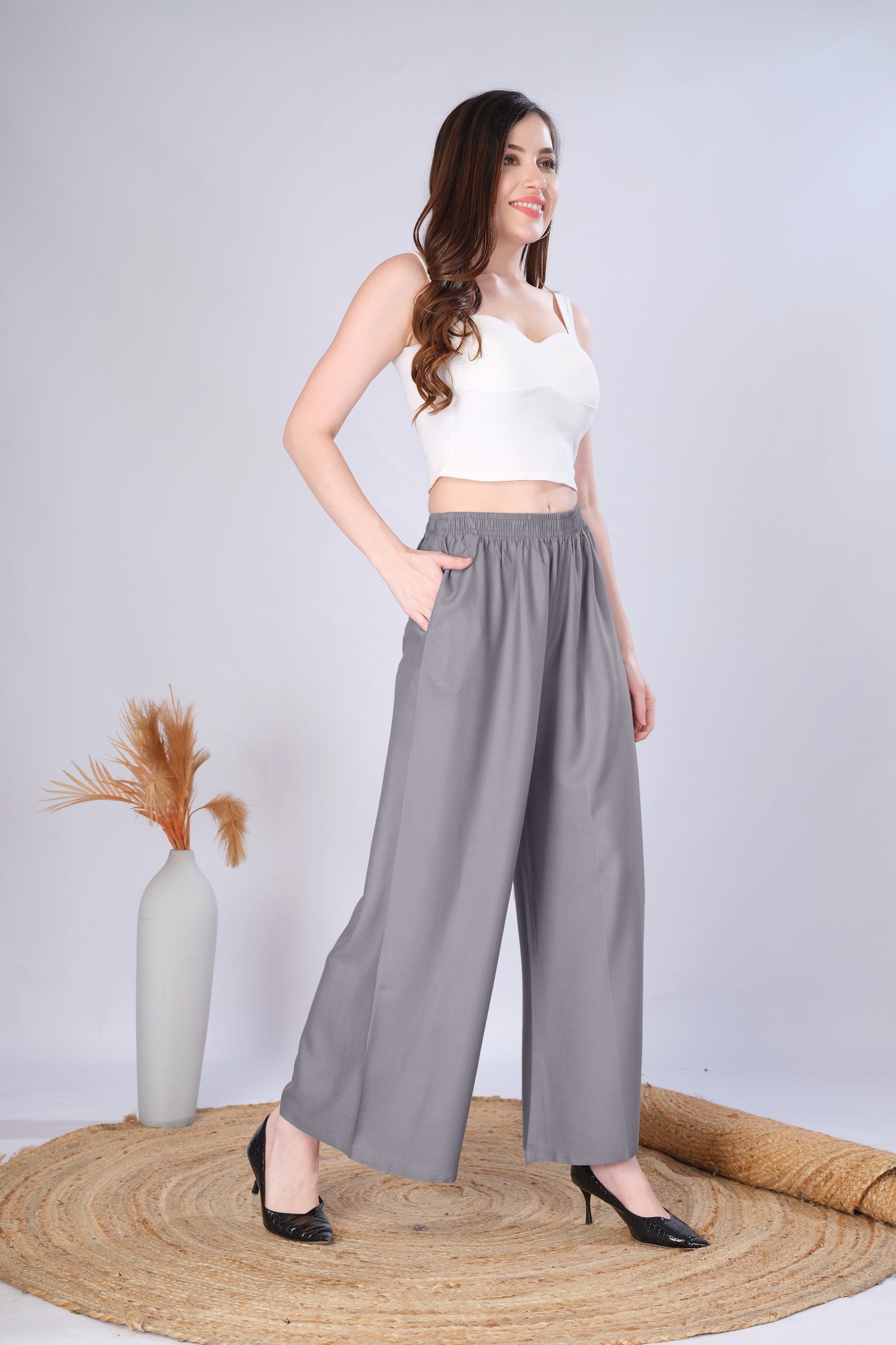 Flared Grey Palazzo Pants With Pocket