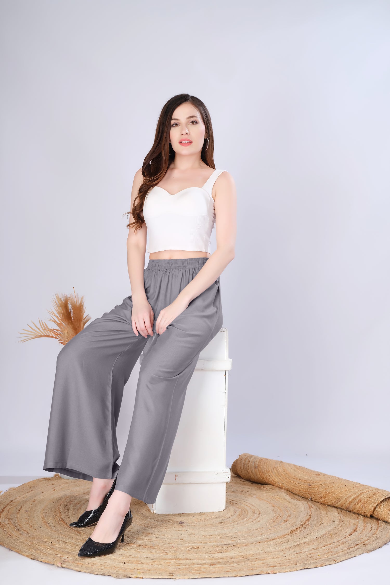 Flared Grey Palazzo Pants With Pocket