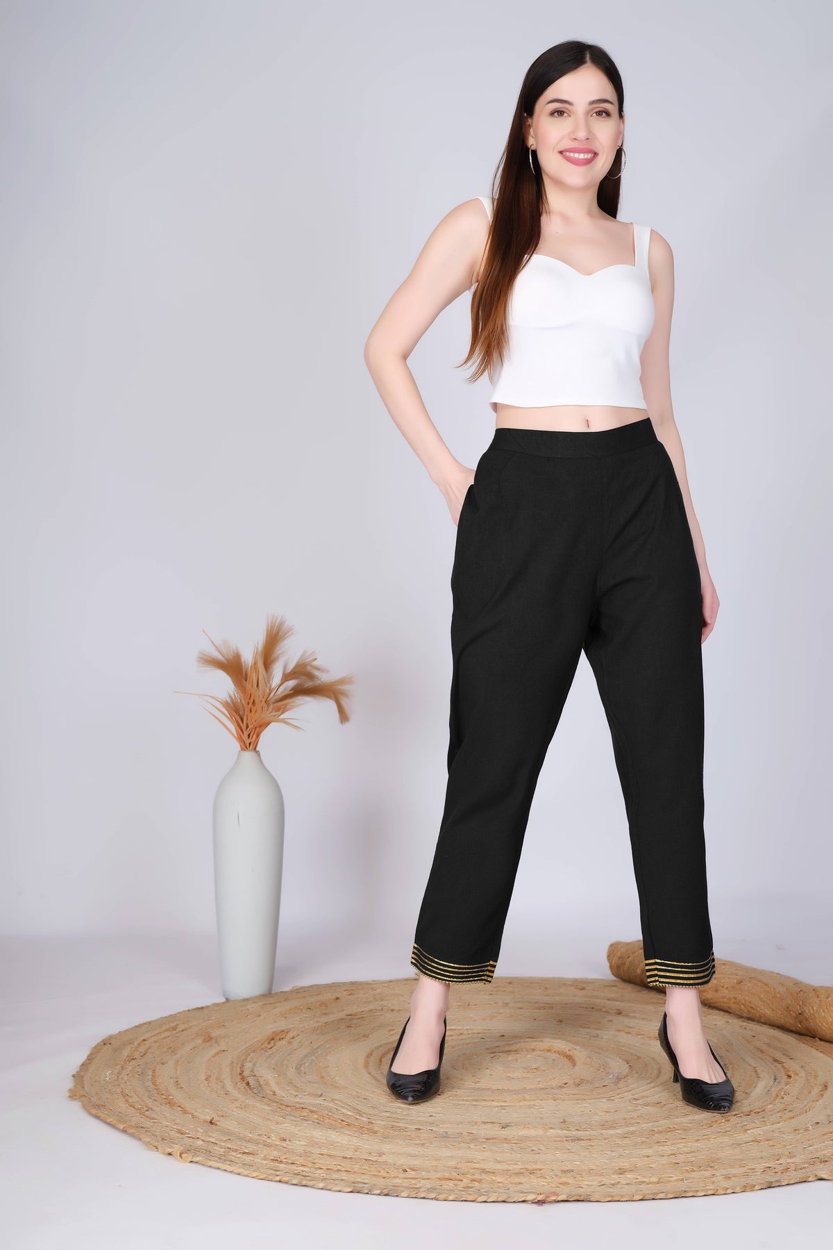 Black Slim Fit Cotton Pants With Gold Lace Hem