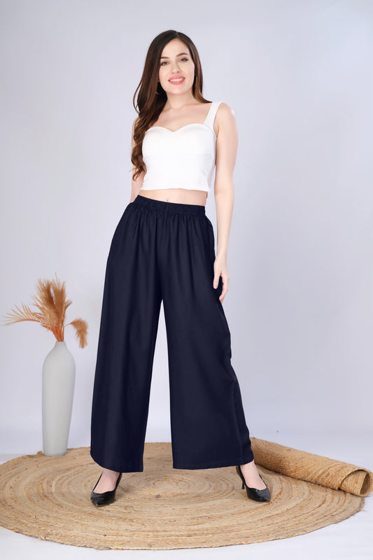 Flared Navy Blue Palazzo Pants With Pocket