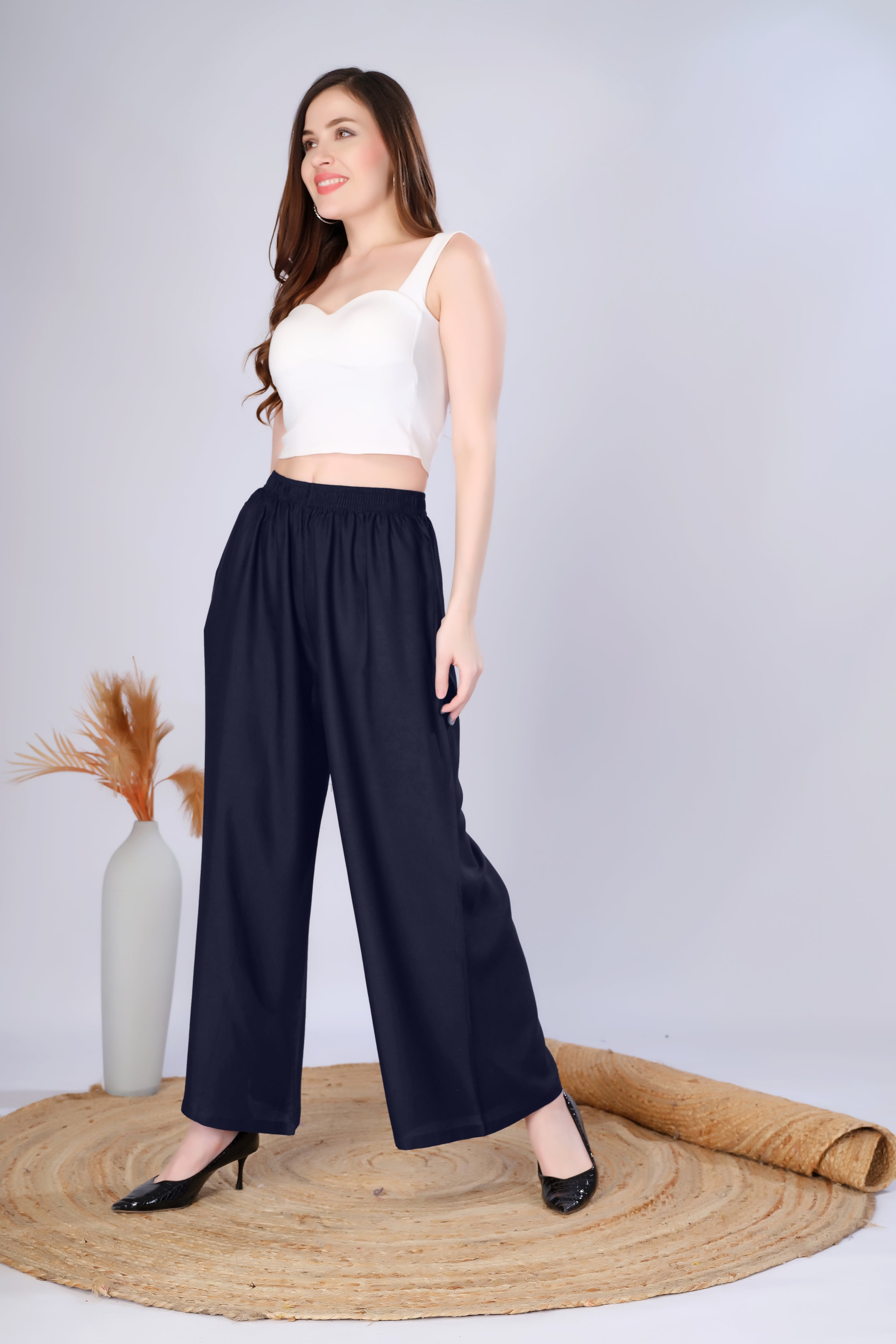 Flared Navy Blue Palazzo Pants With Pocket